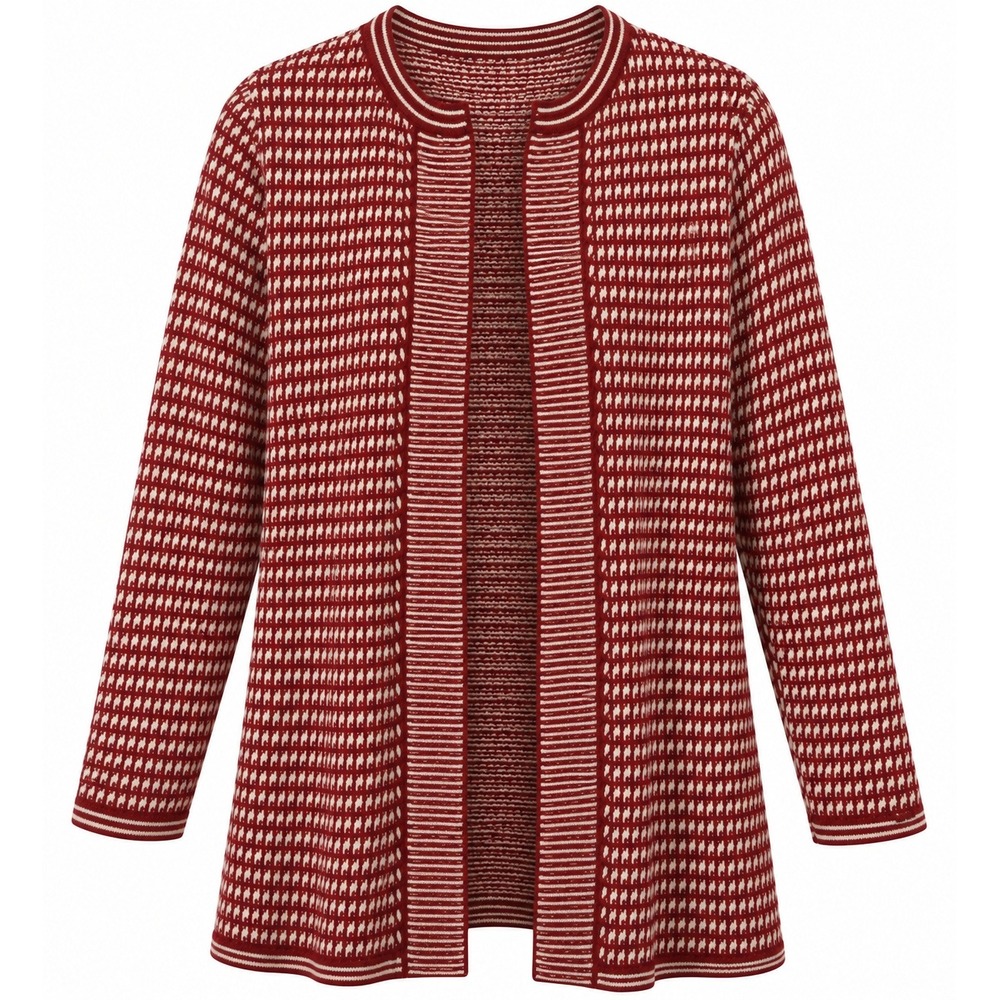 Talbots Red White Geometric Pattern Pure Merino Wool Cardigan Grandma Sweater M